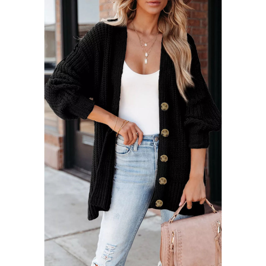 Chunky Knit Button-Down Cardigan Black / S Apparel and Accessories