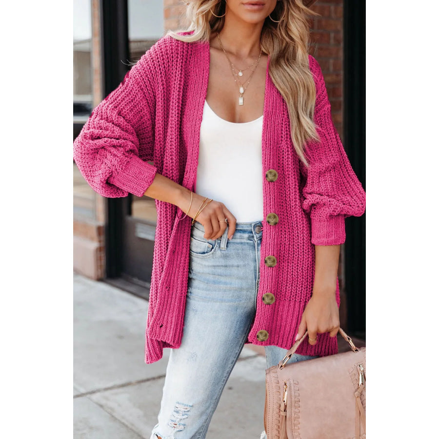 Chunky Knit Button-Down Cardigan Deep Rose / S Apparel and Accessories