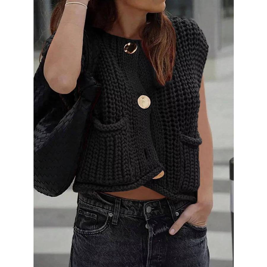 Chunky Knit Button-Down Sweater Vest Black / S Apparel and Accessories