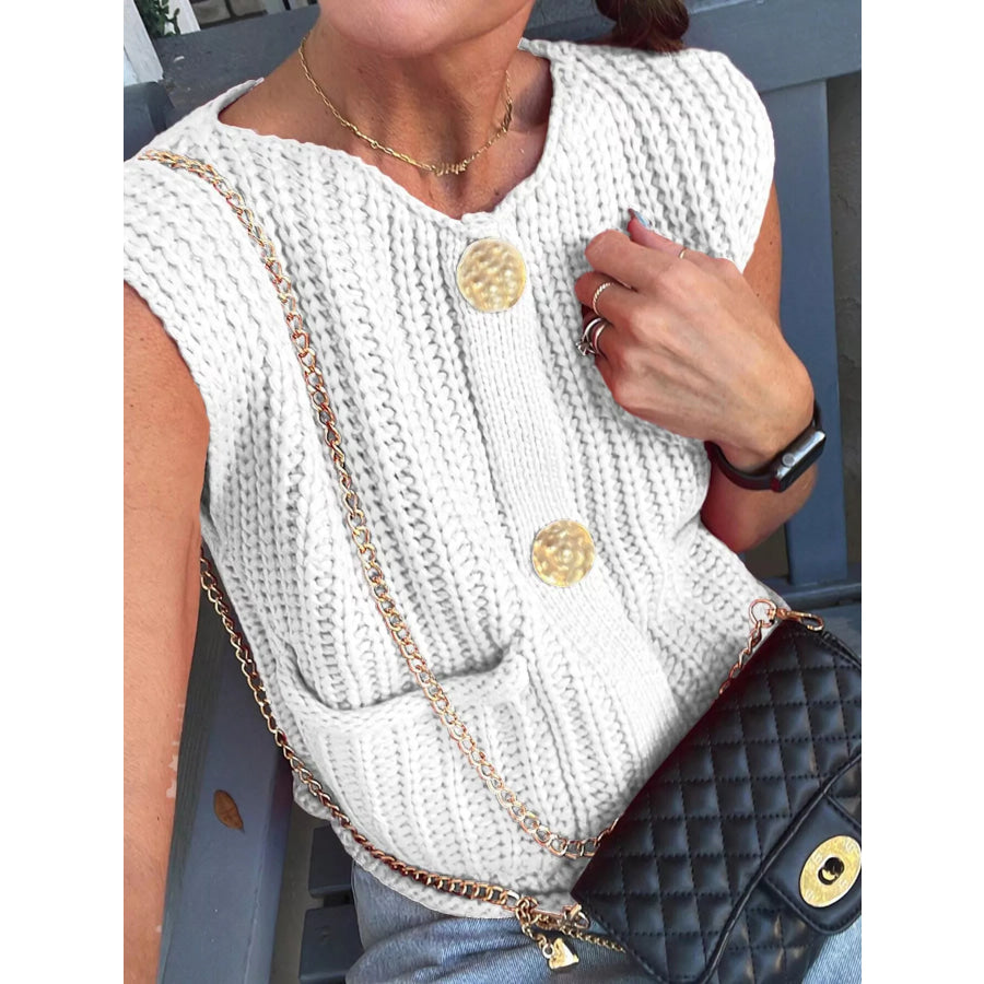 Chunky Knit Button-Down Sweater Vest White / S Apparel and Accessories