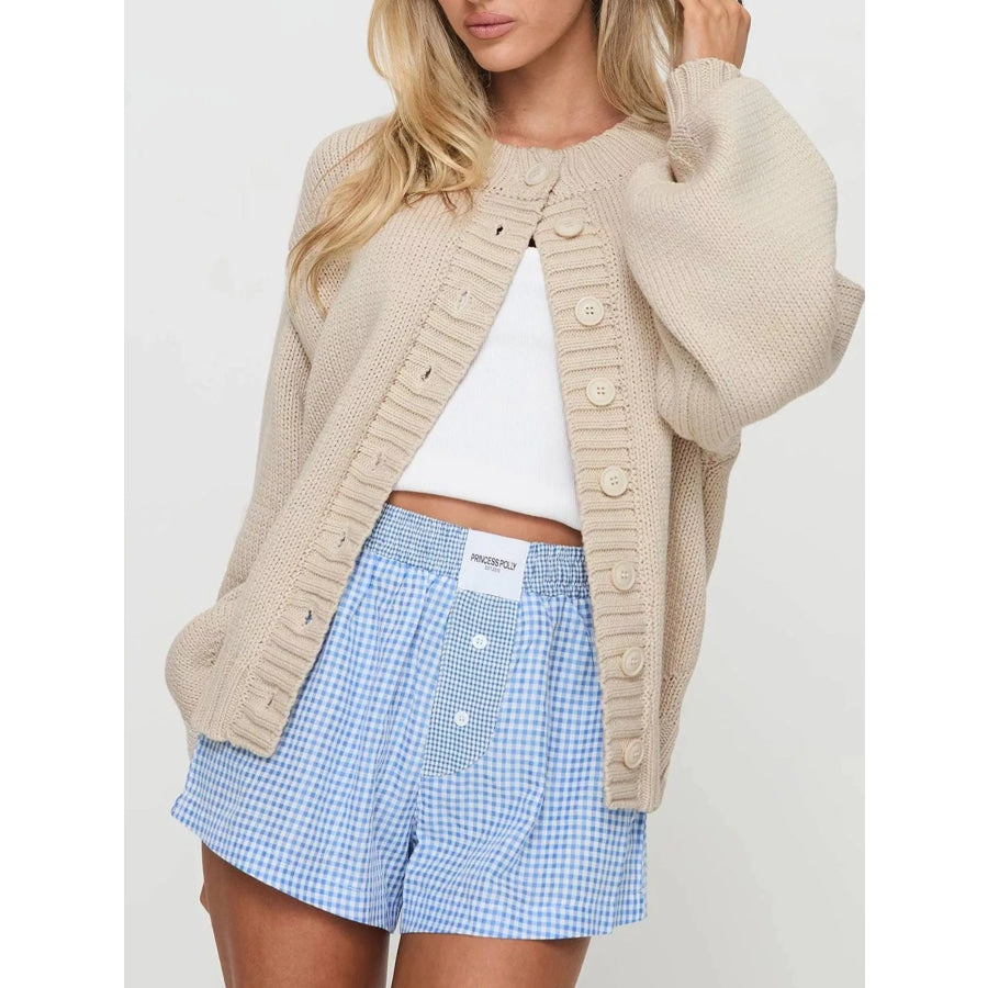 Chunky Knit Button-Up Cardigan Beige / S Apparel and Accessories