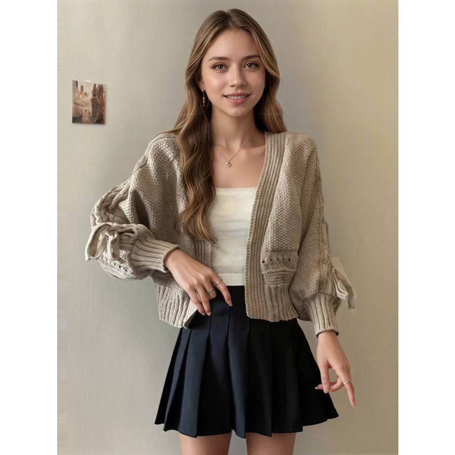 Chunky Knit Long Sleeve Tie Cardigan Khaki / One Size Apparel and Accessories