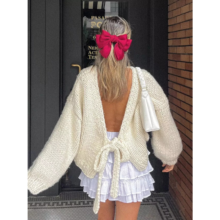 Chunky Knit Tie-Front Cardigan Cream / S Apparel and Accessories