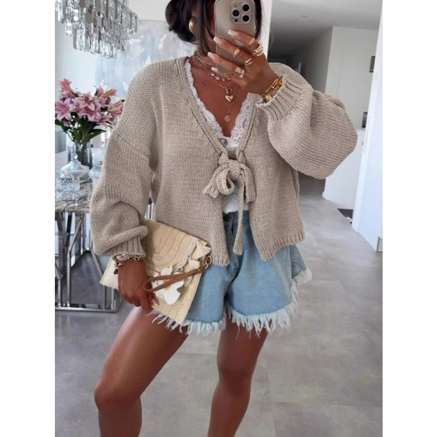 Chunky Knit Tie-Front Cardigan Khaki / S Apparel and Accessories
