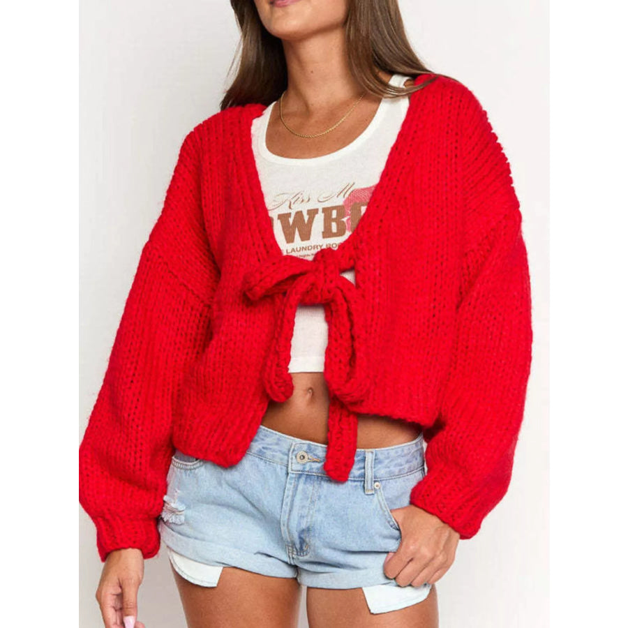 Chunky Knit Tie-Front Cardigan Scarlet / S Apparel and Accessories