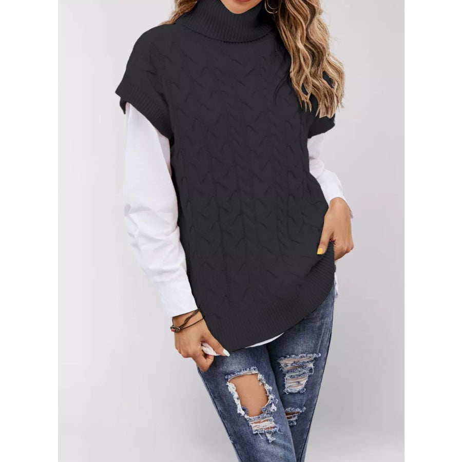 Chunky Knit Turtleneck Cap Sleeve Sweater Apparel and Accessories