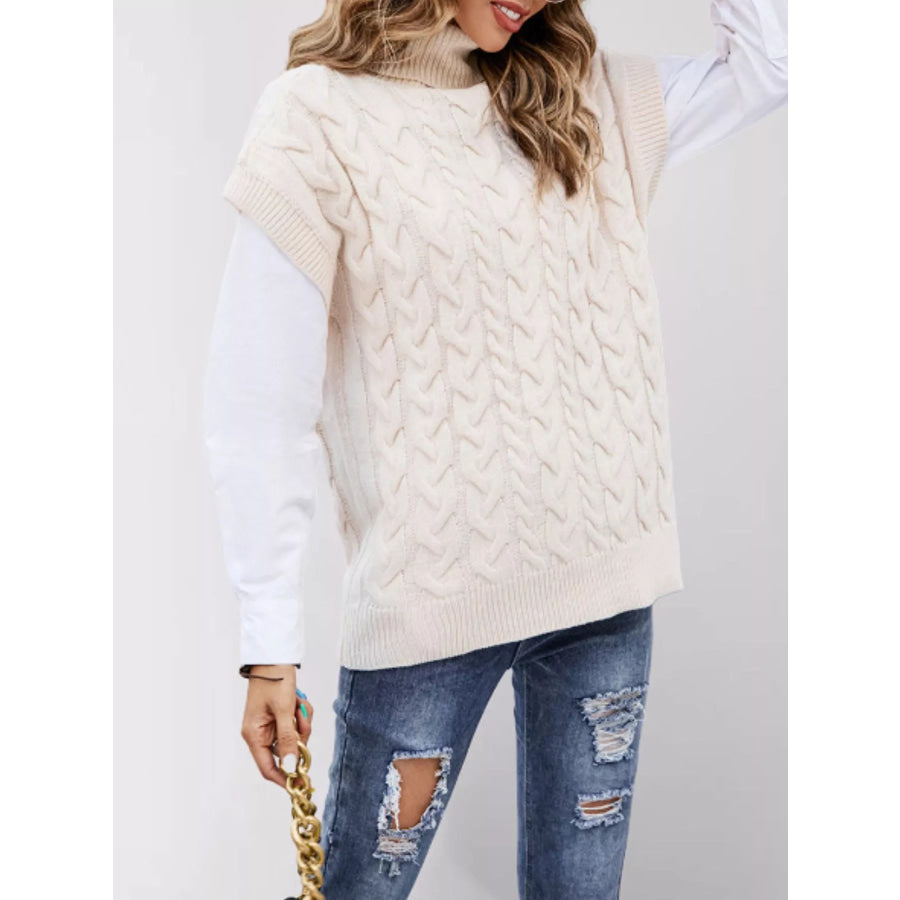 Chunky Knit Turtleneck Cap Sleeve Sweater Apparel and Accessories