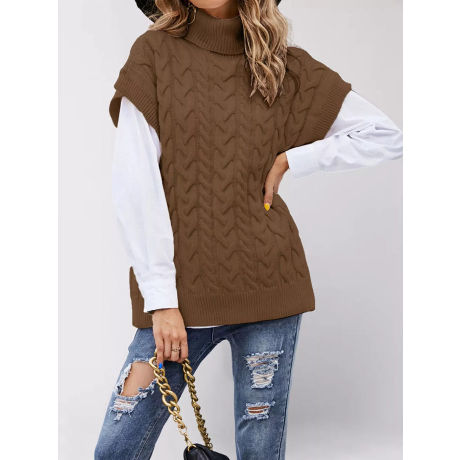Chunky Knit Turtleneck Cap Sleeve Sweater Apparel and Accessories