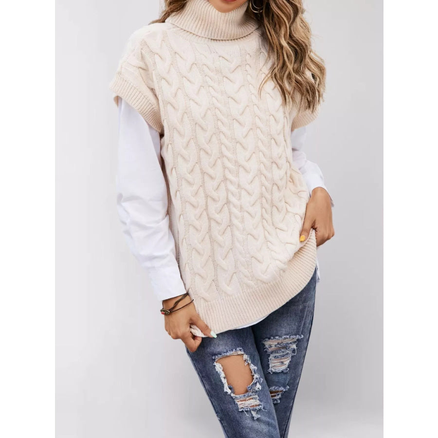 Chunky Knit Turtleneck Cap Sleeve Sweater Apricot / S Apparel and Accessories