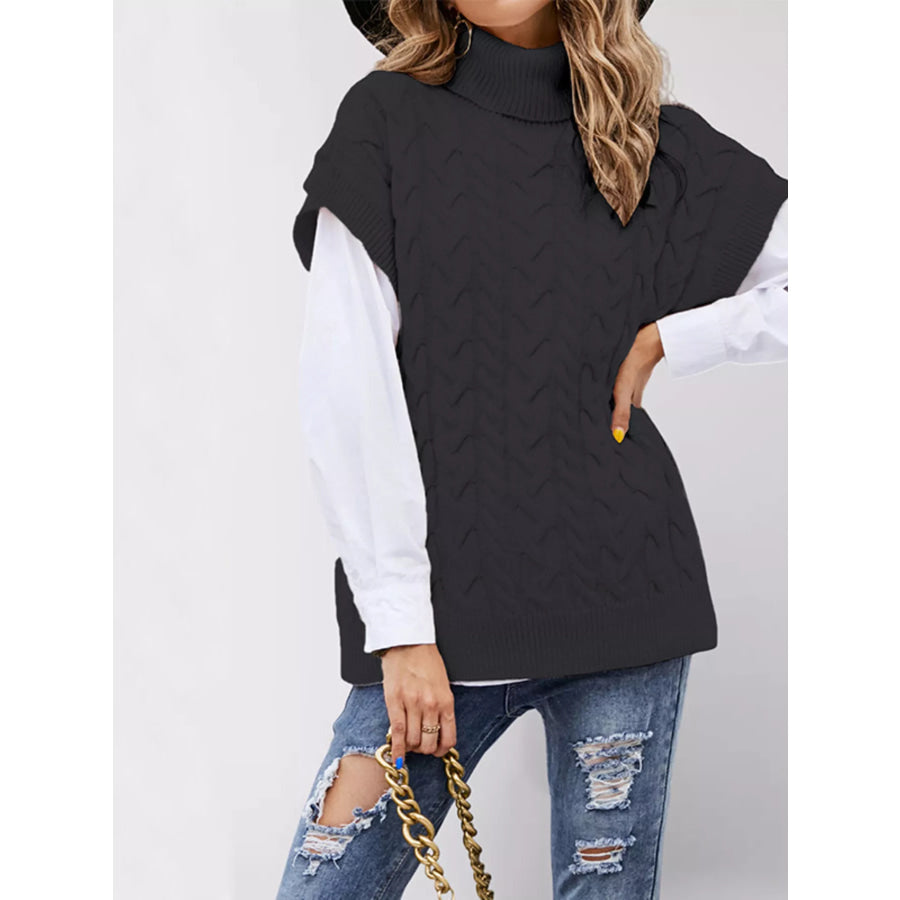 Chunky Knit Turtleneck Cap Sleeve Sweater Black / S Apparel and Accessories