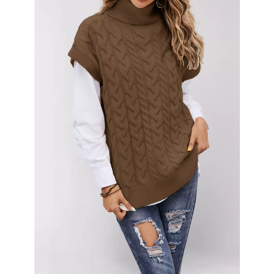 Chunky Knit Turtleneck Cap Sleeve Sweater Coffee / S Apparel and Accessories
