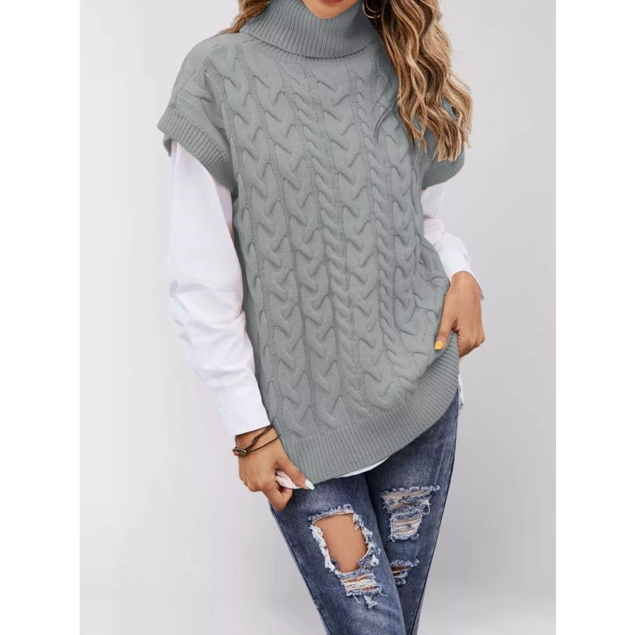 Chunky Knit Turtleneck Cap Sleeve Sweater Grey / S Apparel and Accessories