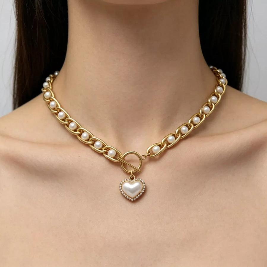 Chunky Pearl and Heart Pendant Necklace Gold / onesize Apparel Accessories