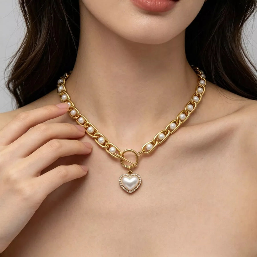 Chunky Pearl and Heart Pendant Necklace Gold / onesize Apparel Accessories