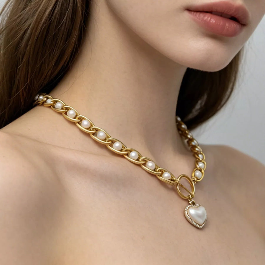 Chunky Pearl and Heart Pendant Necklace Gold / onesize Apparel Accessories