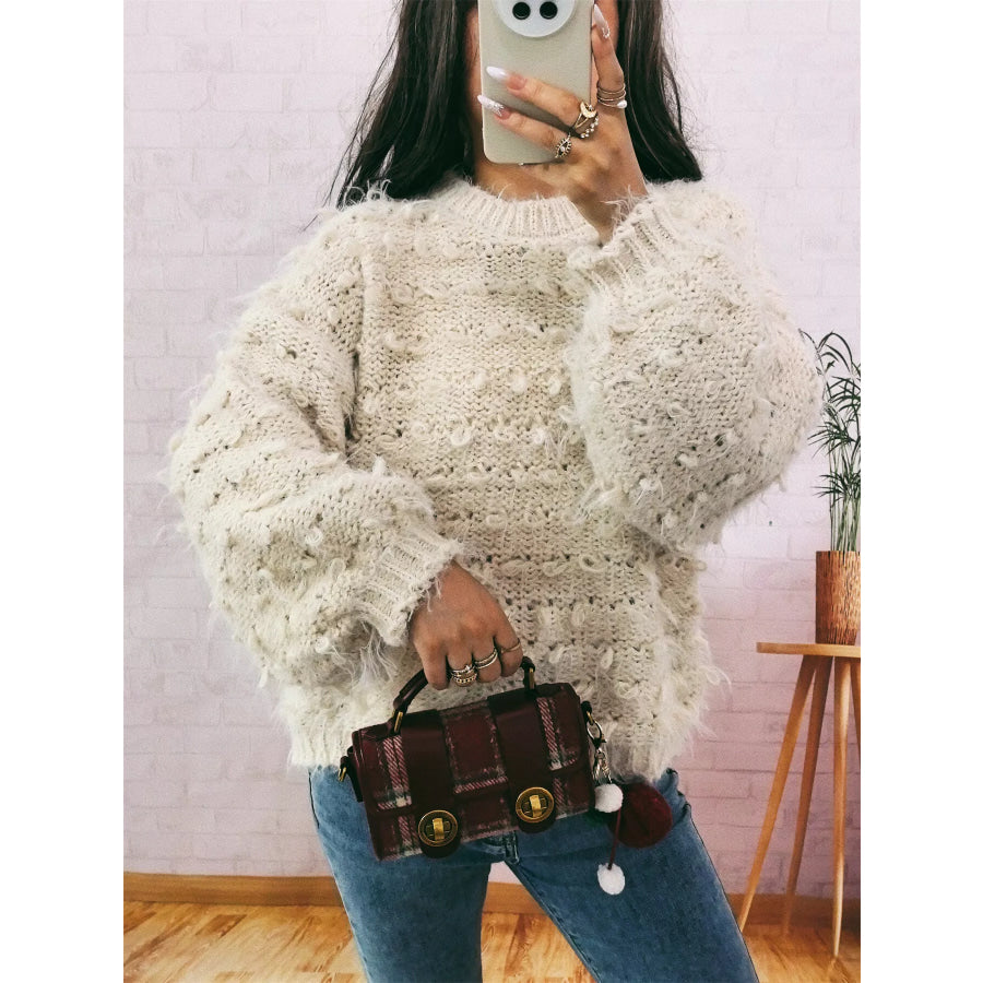 Chunky Round Neck Long Sleeve Sweater Beige / One Size Apparel and Accessories