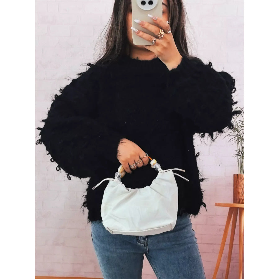 Chunky Round Neck Long Sleeve Sweater Black / One Size Apparel and Accessories
