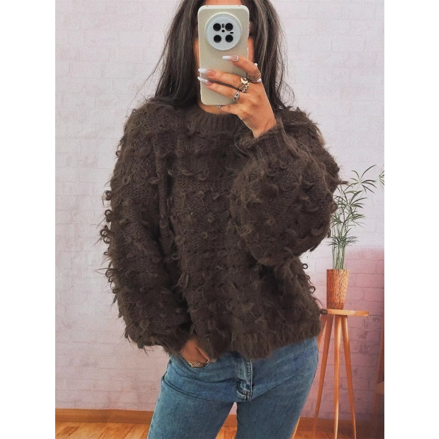 Chunky Round Neck Long Sleeve Sweater Brown / One Size Apparel and Accessories