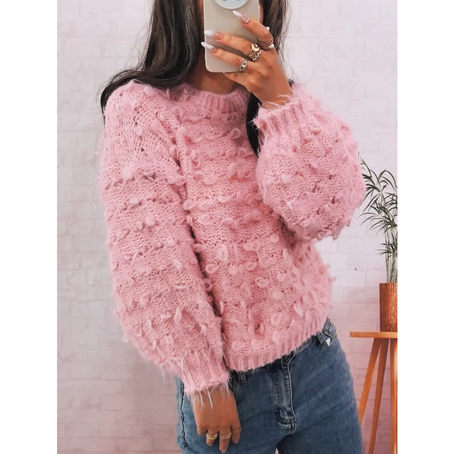 Chunky Round Neck Long Sleeve Sweater Pink / One Size Apparel and Accessories