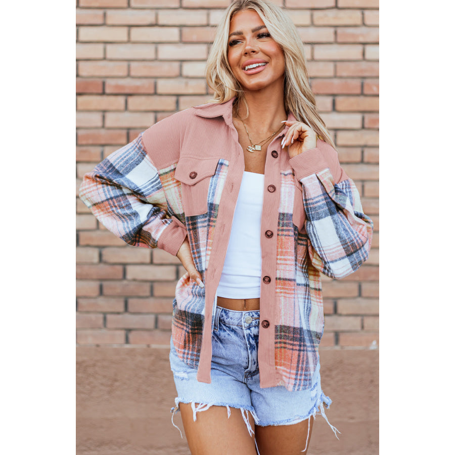 Cinnamon Plaid Corduroy Patchwork Chest Pocket Shacket Light Pink / S / 100% Polyester Outerwear/Plaid Shackets