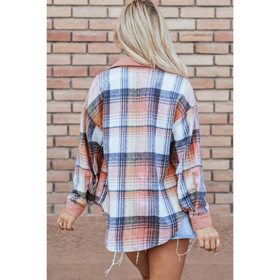 Cinnamon Plaid Corduroy Patchwork Chest Pocket Shacket Outerwear/Plaid Shackets