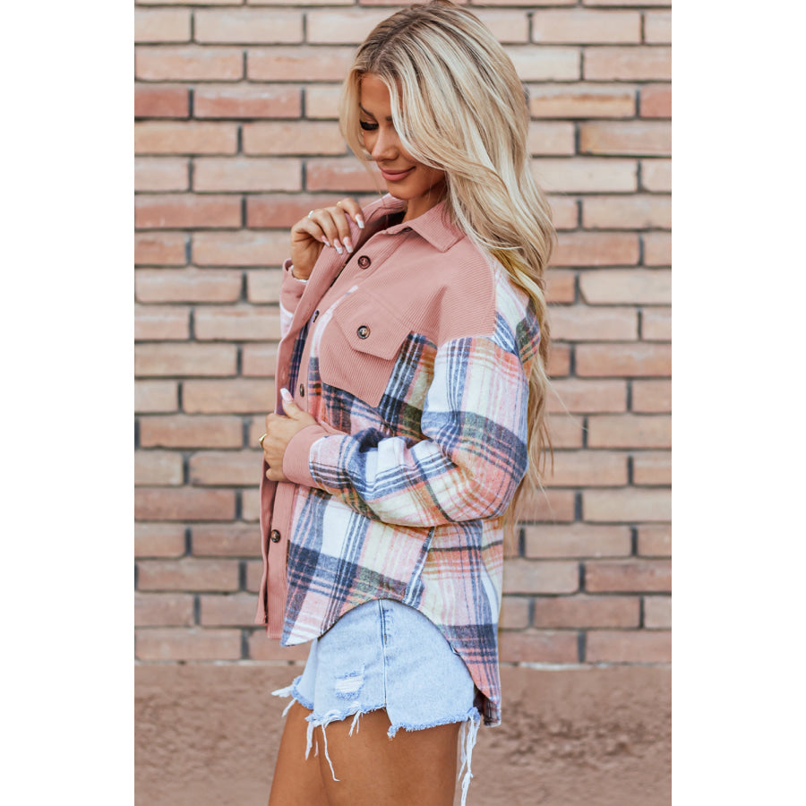 Cinnamon Plaid Corduroy Patchwork Chest Pocket Shacket Outerwear/Plaid Shackets