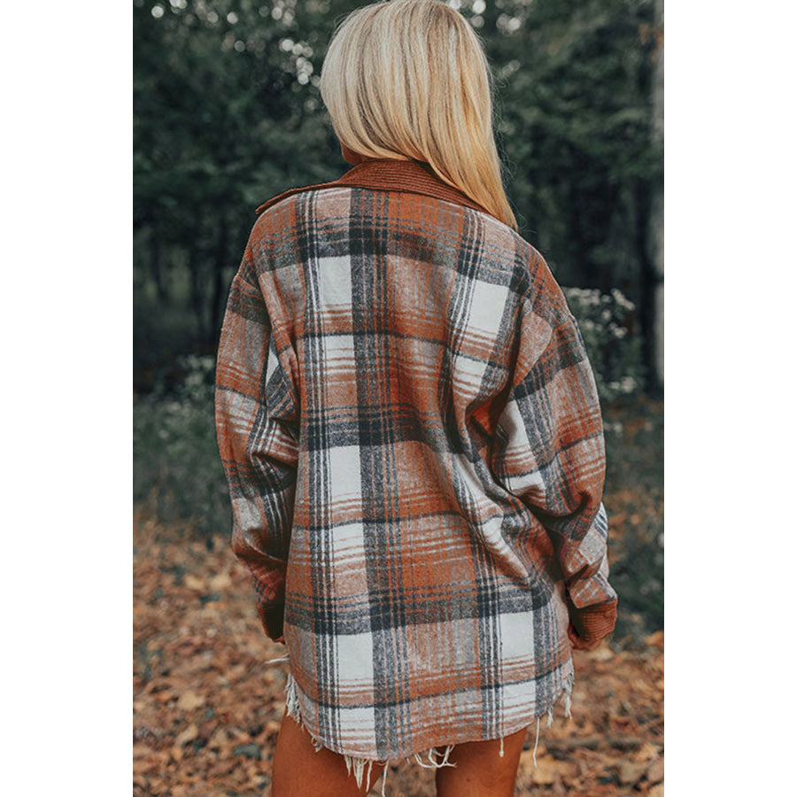 Cinnamon Plaid Corduroy Patchwork Chest Pocket Shacket Outerwear/Plaid Shackets
