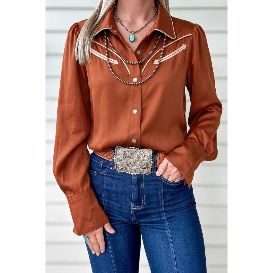 Cinnamon Silky Long Sleeve Button Front Western Fashion Shirt Cinnamon / S Tops/Blouses & Shirts