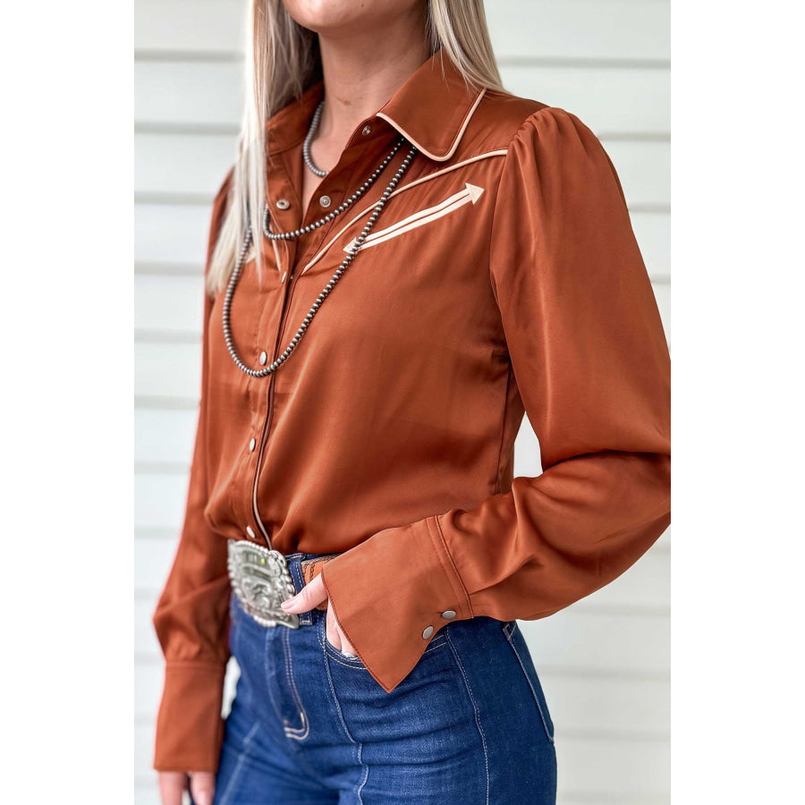 Cinnamon Silky Long Sleeve Button Front Western Fashion Shirt Cinnamon / S Tops/Blouses & Shirts