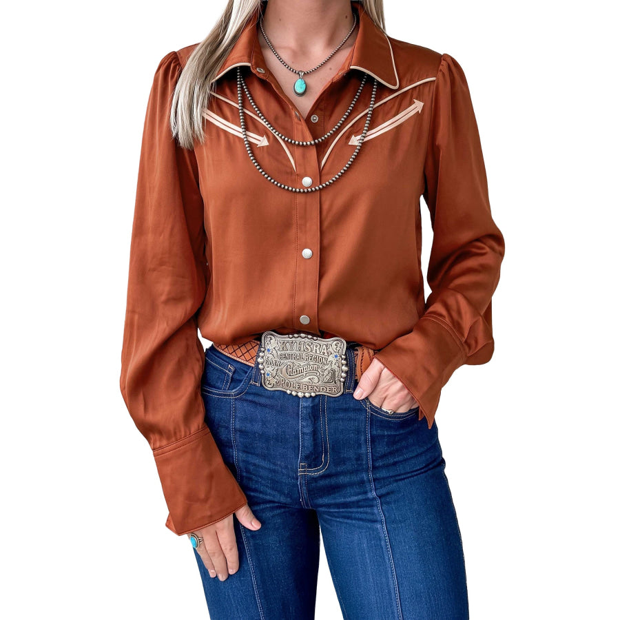 Cinnamon Silky Long Sleeve Button Front Western Fashion Shirt Tops/Blouses & Shirts