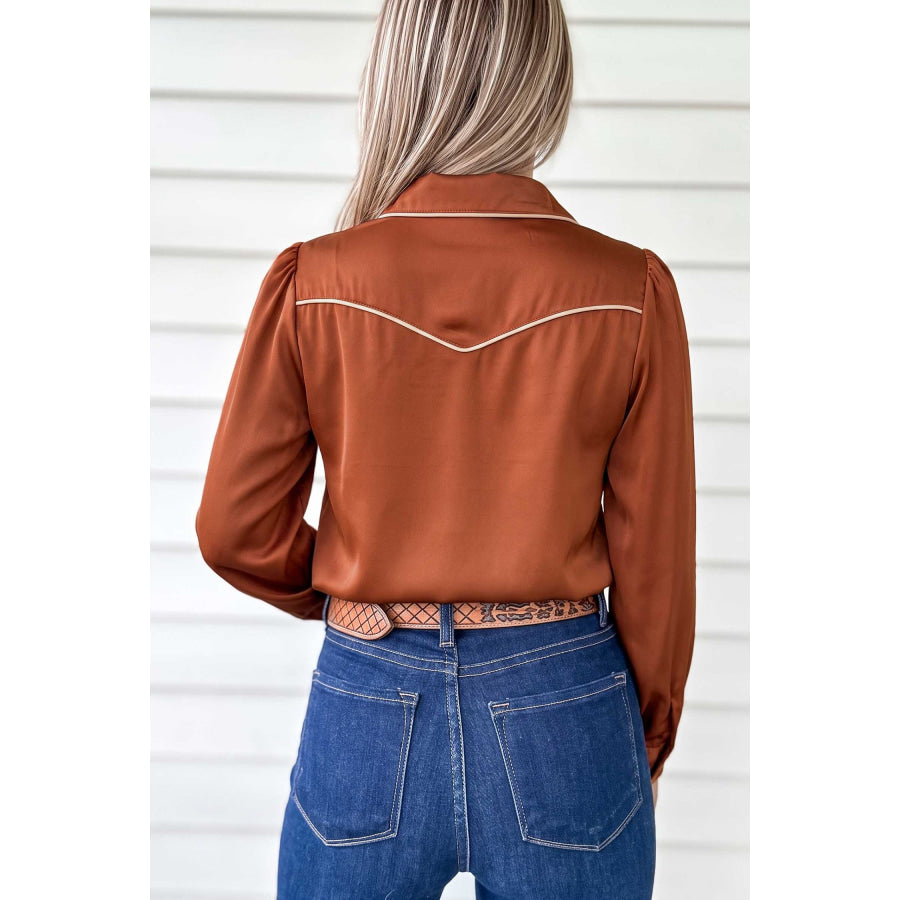 Cinnamon Silky Long Sleeve Button Front Western Fashion Shirt Tops/Blouses & Shirts