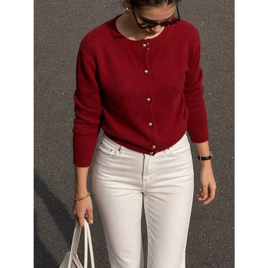 Classic Button-Down Knit Cardigan Wine Red / One Size Apparel and Accessories