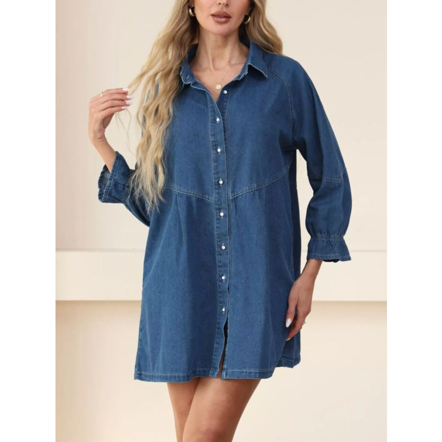 Classic Button-Down Long Sleeve Denim Shirt Dress Dark Blue / S Apparel and Accessories