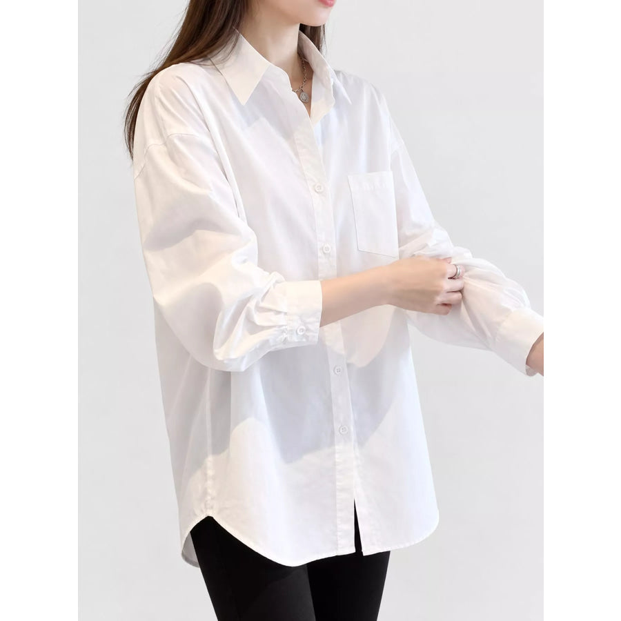 Classic Button-Down Long Sleeve Shirt White - With Pocket / S Apparel and Accessories