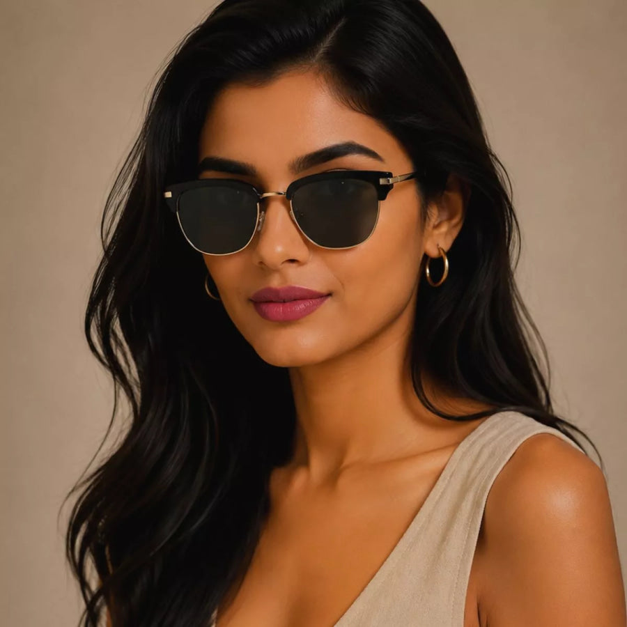 Classic Clubmaster Style Sunglasses with Gold Accents Black / One Size Apparel and Accessories