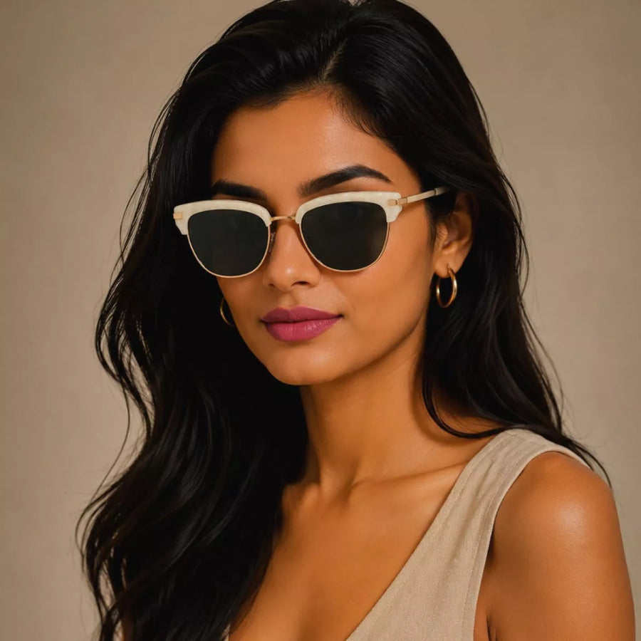 Classic Clubmaster Style Sunglasses with Gold Accents White / One Size Apparel and Accessories