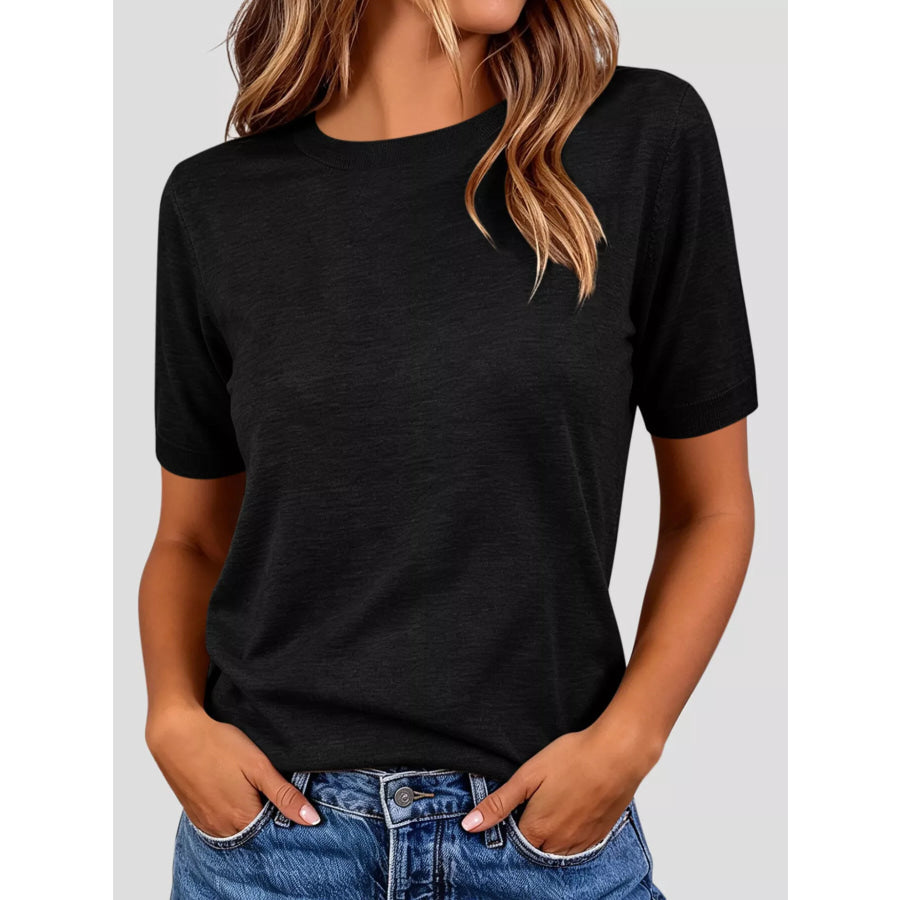 Classic Crew Neck Short Sleeve Knit Top Black / S Apparel and Accessories
