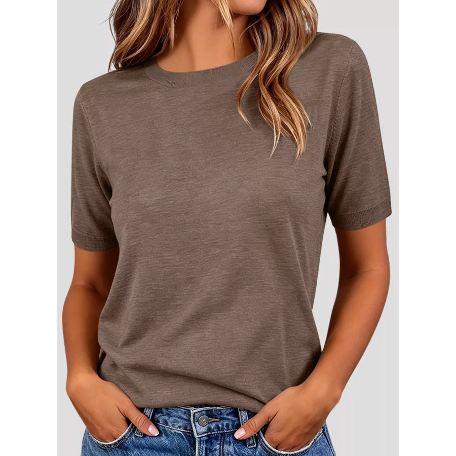 Classic Crew Neck Short Sleeve Knit Top Brown / S Apparel and Accessories