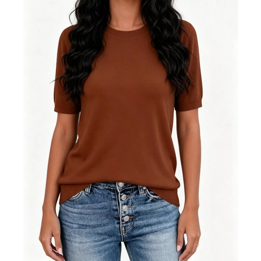 Classic Crew Neck Short Sleeve Knit Top Dark Brown / S Apparel and Accessories