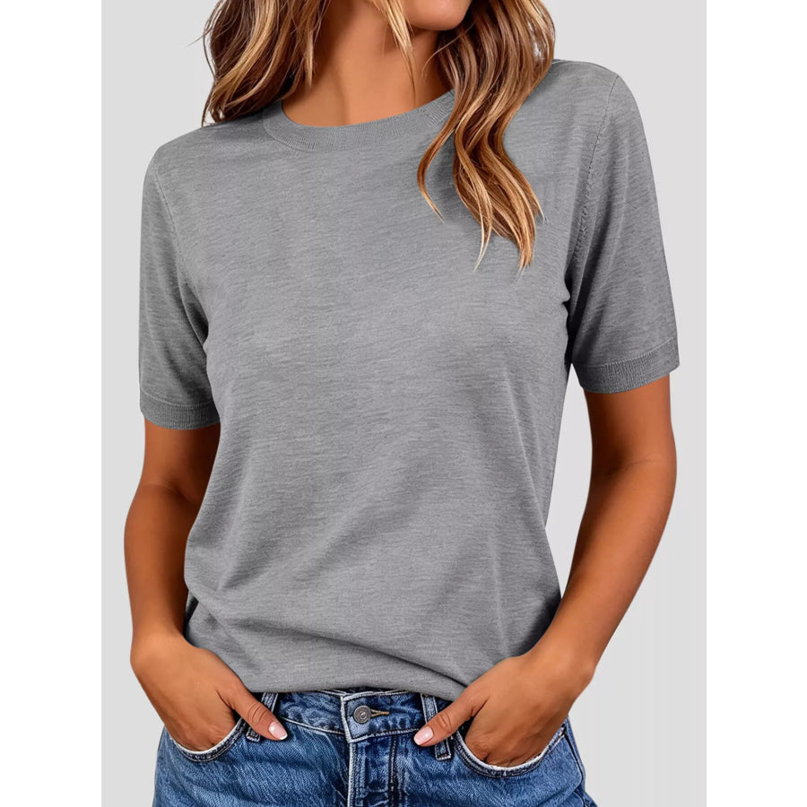 Classic Crew Neck Short Sleeve Knit Top Gray / S Apparel and Accessories