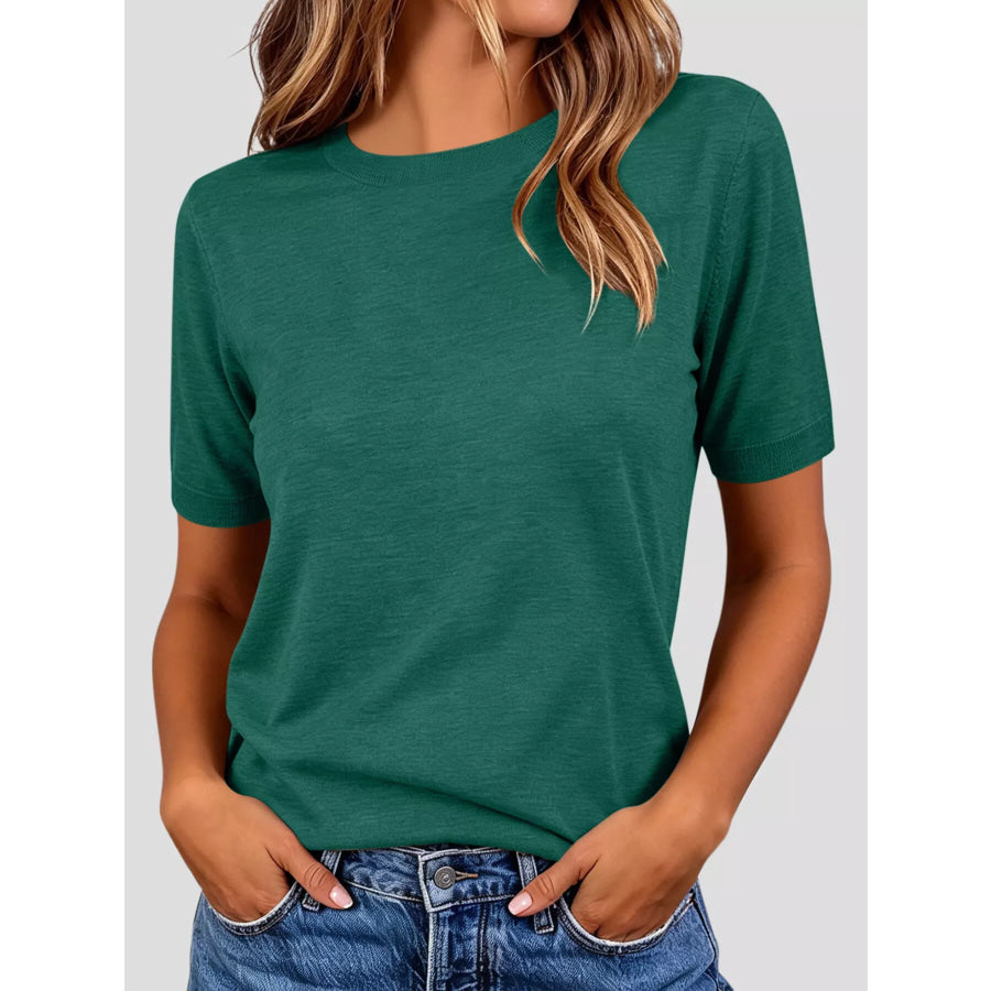 Classic Crew Neck Short Sleeve Knit Top Green / S Apparel and Accessories