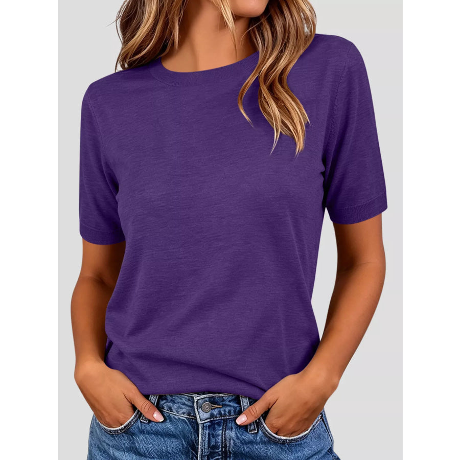 Classic Crew Neck Short Sleeve Knit Top Purple / S Apparel and Accessories