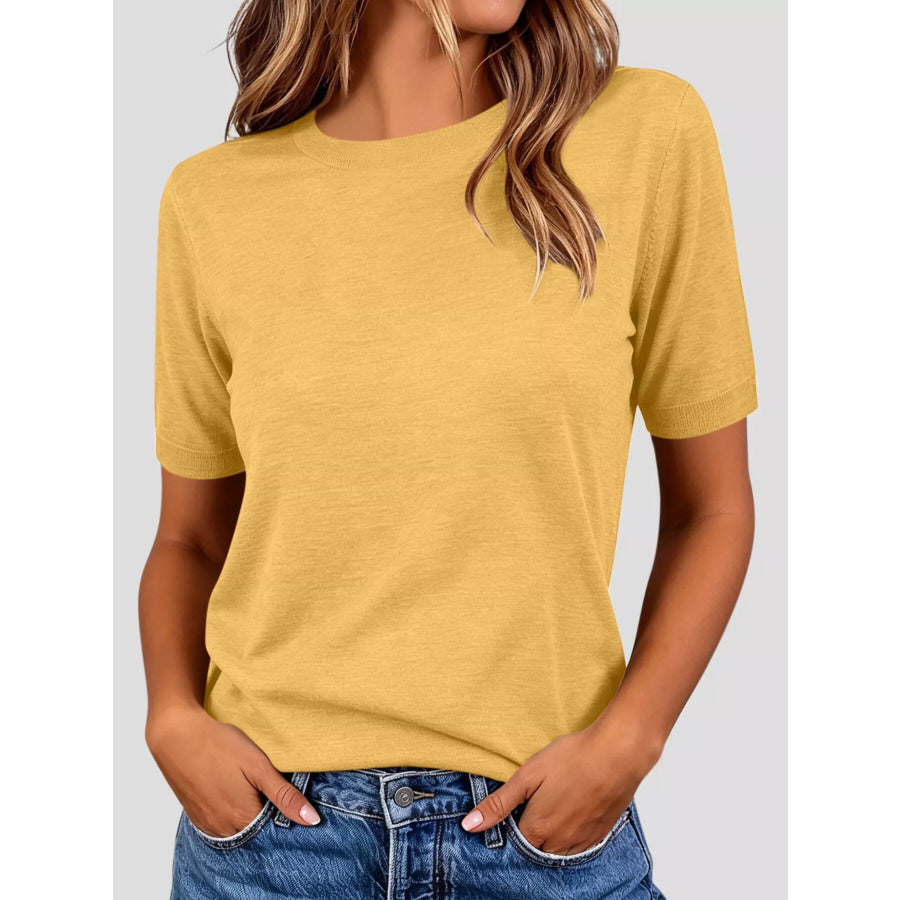 Classic Crew Neck Short Sleeve Knit Top Yellow / S Apparel and Accessories