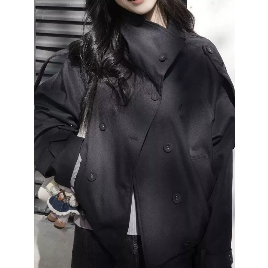 Classic Double-Breasted Trench Jacket with Stand Collar Black / S Apparel and Accessories