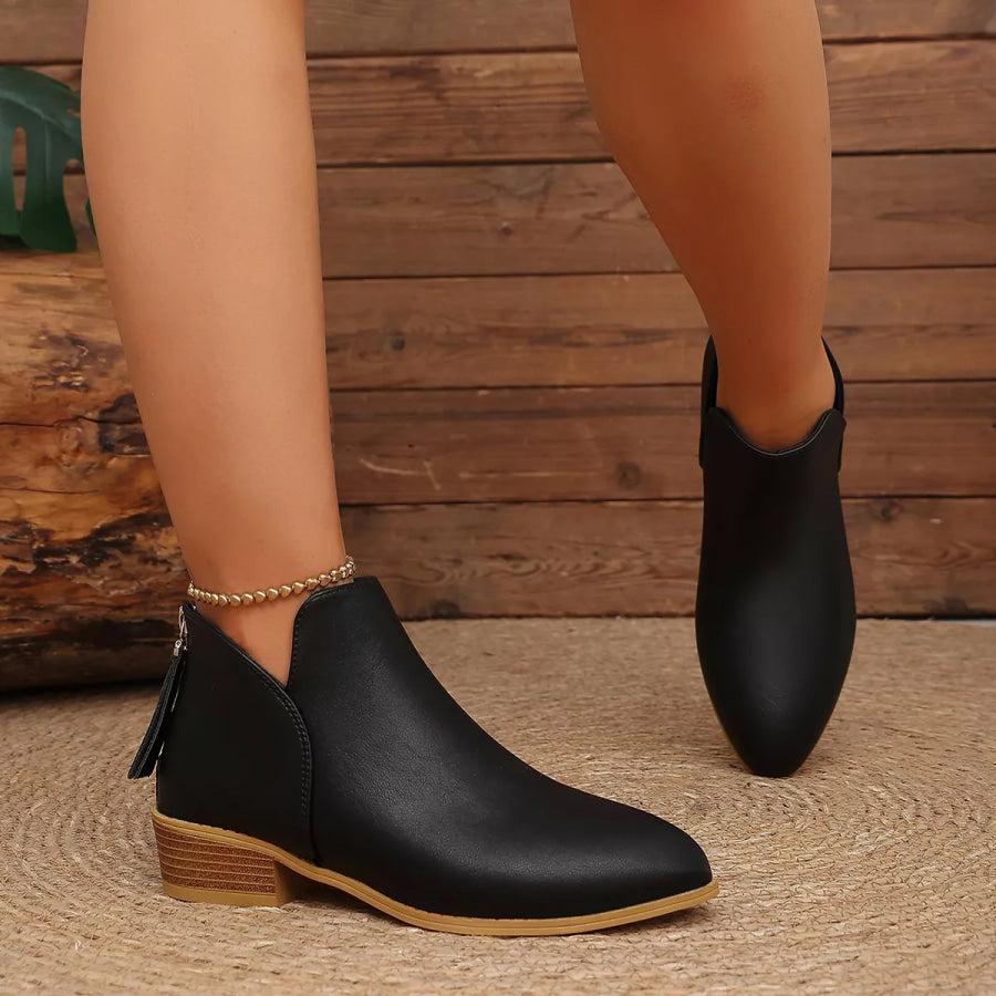Classic Faux Leather V-Cut Ankle Boots with Block Heel Apparel and Accessories