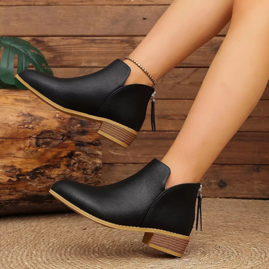 Classic Faux Leather V-Cut Ankle Boots with Block Heel Apparel and Accessories