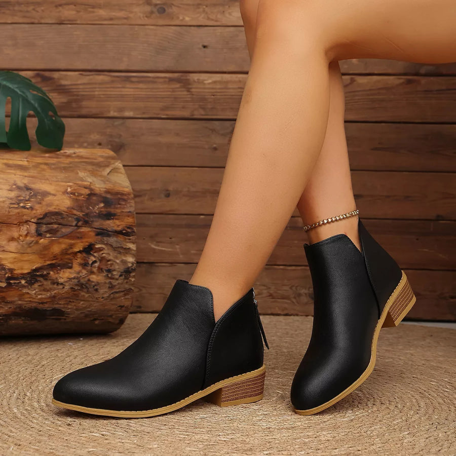 Classic Faux Leather V-Cut Ankle Boots with Block Heel Black / 36 Apparel and Accessories