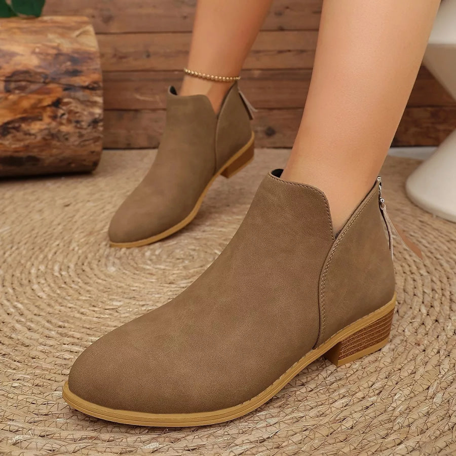 Classic Faux Leather V-Cut Ankle Boots with Block Heel Brown / 36 Apparel and Accessories