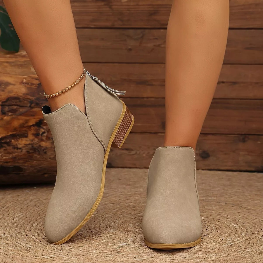 Classic Faux Leather V-Cut Ankle Boots with Block Heel Khaki / 36 Apparel and Accessories