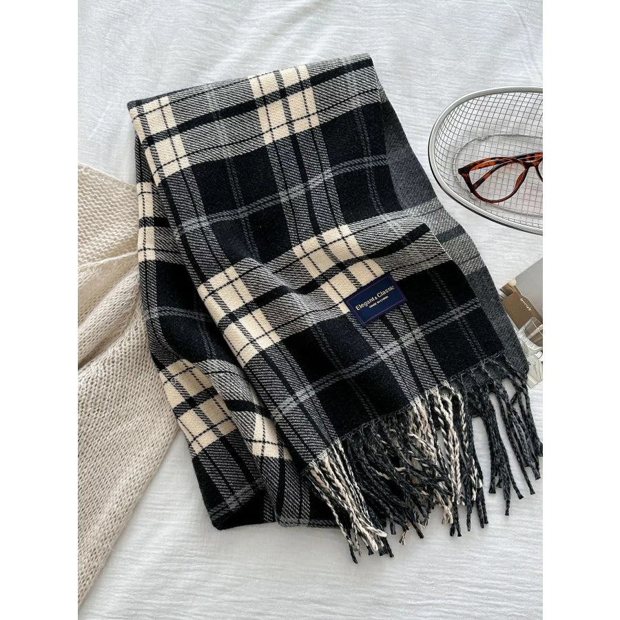 Classic Fringe Plaid Scarf Black / One Size Apparel and Accessories